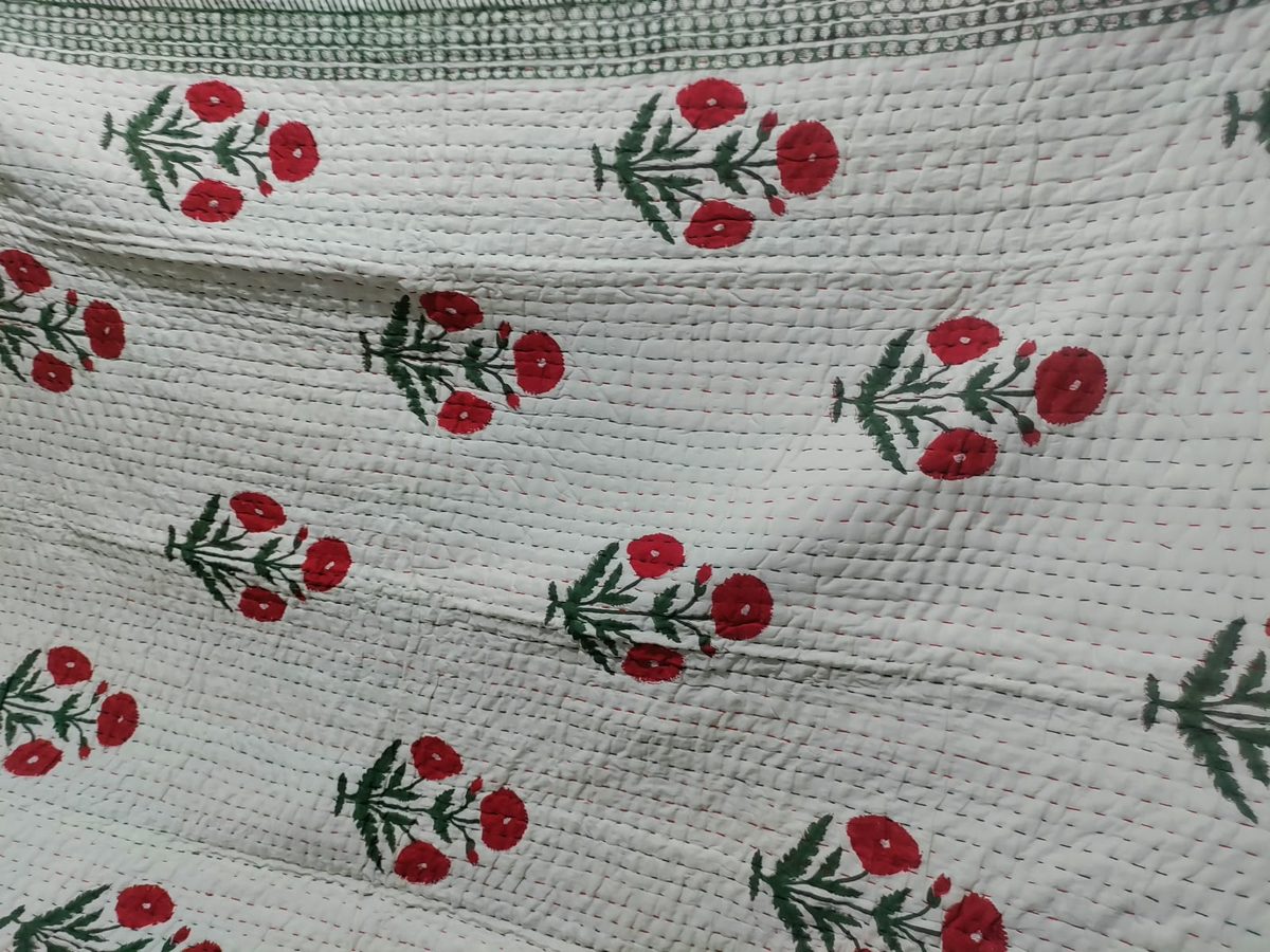 Hand Block Print Kantha Razai — Red Poppy