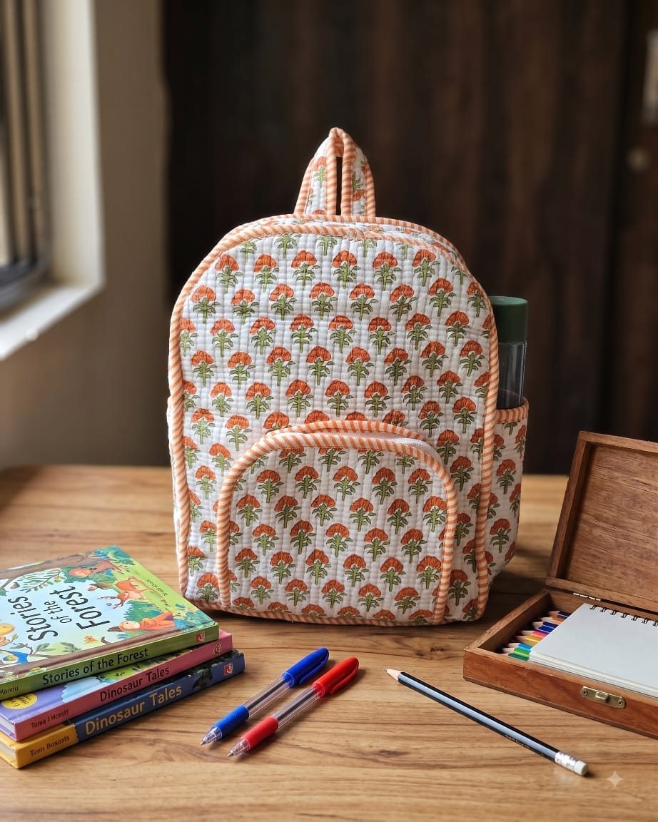 Kids Quilted Backpack — Marigold Block Print
