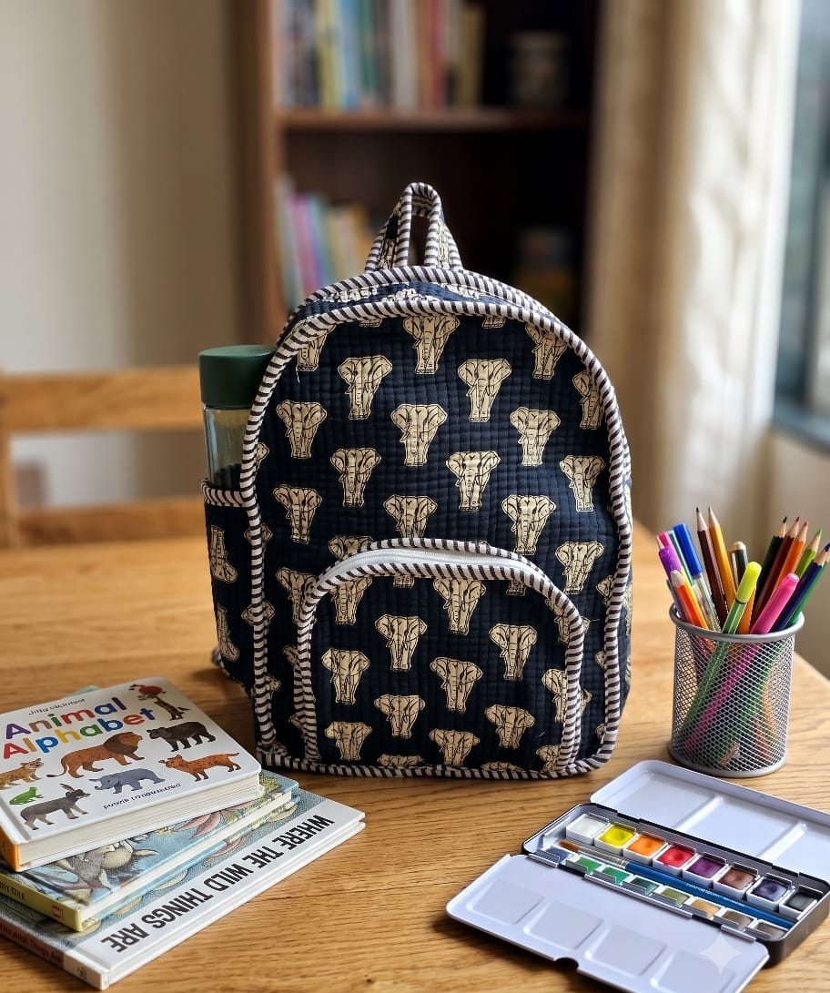 Kids Quilted Backpack — Hand Block Print