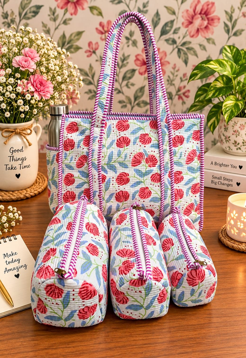 Quilted Tote Bag 16x16 with Pouch Set — Hand Block Print